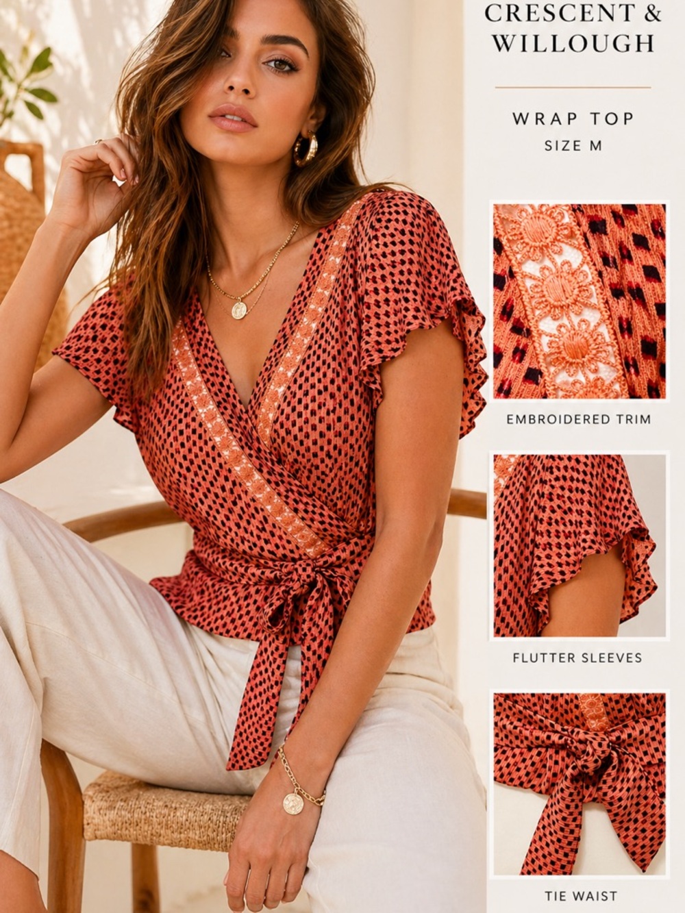 Crescent & Willough Wrap Blouse in Rust Print